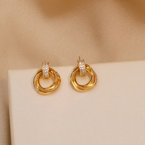 Interlocking Three Ring Stud Earrings With Cubic Zirconia And 925 Sterling Silver Earring Post Gold Plated Jewelry