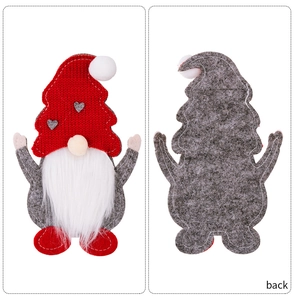 Front and back view of Christmas gnome cutlery holder with red knitted hat and white beard
