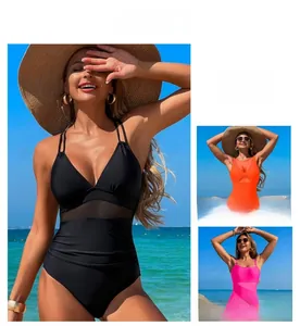 Vue détaillée de maillots de bain une pièce amincissants en noir, orange et rose avec mesh