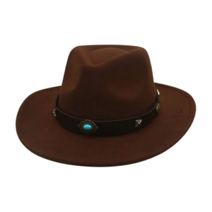 Ethnic style dark brown wool fedora hat with turquoise gemstone and metal buckle belt