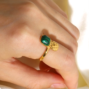 18K gold plated stainless steel open ring featuring a square green natural stone and hammered finish