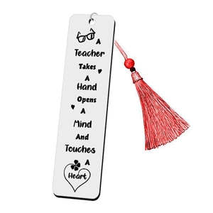 Stainless steel teacher bookmark with red tassel and engraved inspirational quote