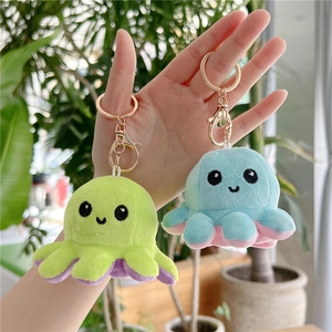 Detail view of double-sided reversible octopus plush keychains with metallic gold hooks