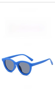 Front and side view of bright blue kids sunglasses with protective grey lenses