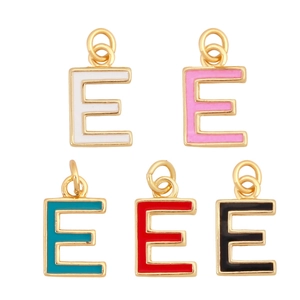Colorful enamel letter E pendants with gold metal frames in five vibrant colors