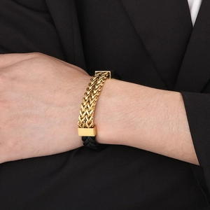 Men's double-row woven black leather and golden stainless steel chain bracelet
