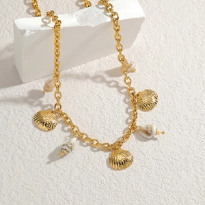 18k gold plated stainless steel chain necklace with golden shells and white conch charms