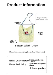 Guide des tailles du sac bandoulière en coton matelassé avec dimensions détaillées