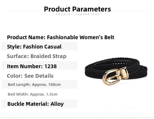 Detail view showing a 108cm long woven belt with a 1.5cm width and golden buckle