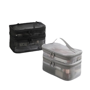 Double-layer mesh toiletry bags in black and gray with dual zippers and handles