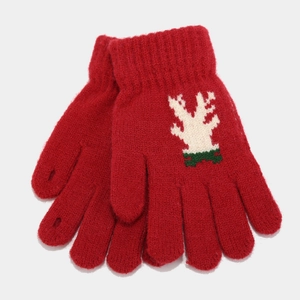 Close-up of red winter knit gloves featuring white reindeer antlers and ribbed cuffs