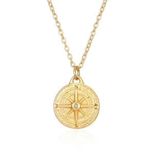 Gold compass pendant necklace with white zircon stone on a minimalist chain