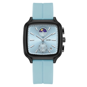 Square light blue sports watch with silicone strap and date moon phase display