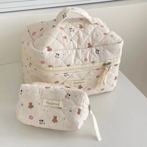Quilted donut bear travel makeup bag set with large capacity and portable handle