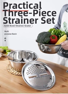 Detailed view of the 3-piece stainless steel kitchen basin set with grater and drainer