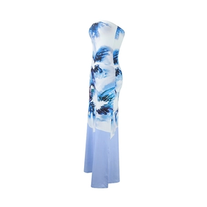 Detail of blue and white gradient strapless maxi dress with abstract floral print fabric