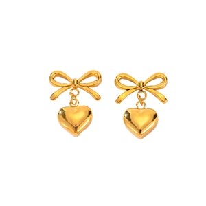 18K gold plated stainless steel bow and heart pendant earrings for women on white background
