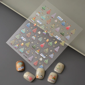 Stickers ongles Noël 5D avec motifs sapins colorés et flocons de neige en relief