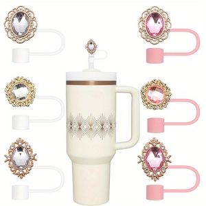 Glitter Gemstone Straw Cover Cap Silicone Dust Plug Reusable For Tumbler Cups Alloy Rhinestone Decorative Drinking Accessory