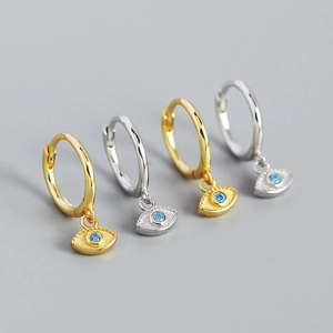 S925 silver evil eye hoop earrings with blue stones in gold and silver finishes