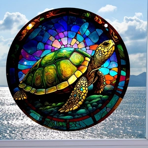 Pendentif de voiture rond en acrylique avec motif de tortue marine et effet vitrail