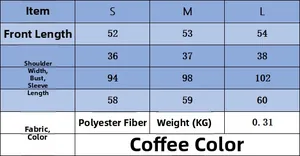 Size chart for brown layered knit sweater with measurements for S, M, and L sizes