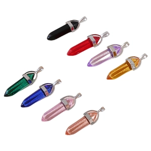 Set of eight hexagonal natural stone crystal point pendants with silver metal clasps
