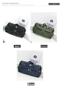 Three large capacity duffel bags in black, army green and navy blue with multiple pockets