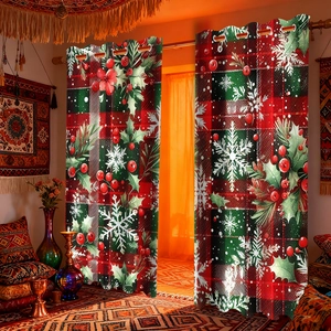 Detail of Christmas velvet curtains with grommet top showing red plaid and holly berry patterns
