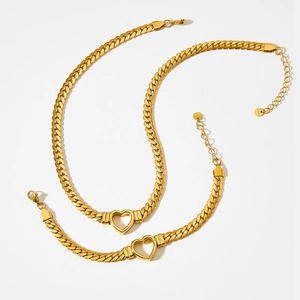 Hip hop style gold stainless steel Cuban chain necklace set with heart shaped pendants