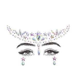Iridescent rhinestone face jewels with pearls shown on an eye graphic for application