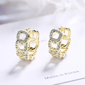 Elegant gold S925 sterling silver chain link hoop earrings with sparkling zircon stones