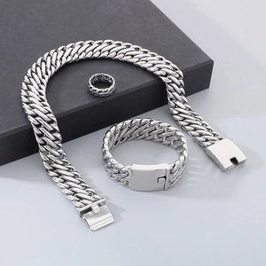 Mens silver stainless steel cuban chain necklace bracelet and ring jewelry set on box