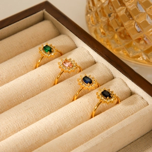 Vintage sunflower titanium steel rings with zirconia stones in four elegant colors