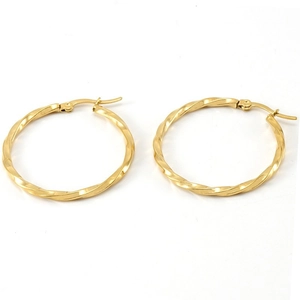 Minimalist 18K gold plated stainless steel twisted hoop earrings on white background