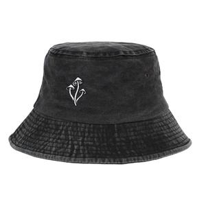 Detail of white mushroom embroidery on a vintage washed grey bucket hat with metal eyelets