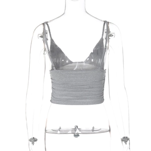 Detail view showing the back of a grey V-neck crop top with cinched waist on a mannequin