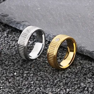 Stainless Steel Band Ring Grid Texture Single Zircon Inlay Hip Hop Punk Style For Men Unisex Fashion Jewelry Minimalist Hand Ornament