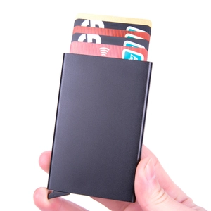 Slim aluminum RFID blocking card holder wallet in matte black with quick eject lever