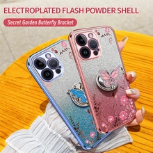 Close-up of glitter phone cases for Samsung with butterfly stand and floral pattern