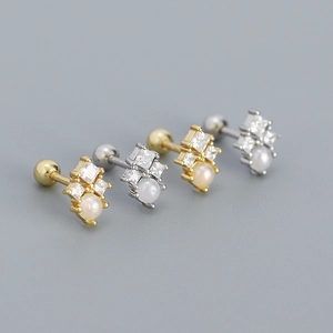 S925 sterling silver stud earrings with square zircon and round pearls in gold and silver