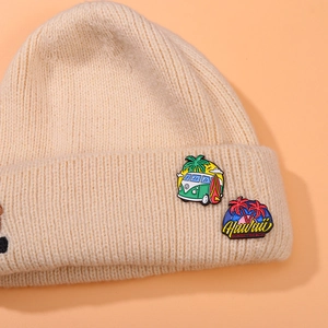 Beige knit beanie with Hawaii sunset beach bus and palm tree cartoon metal brooches