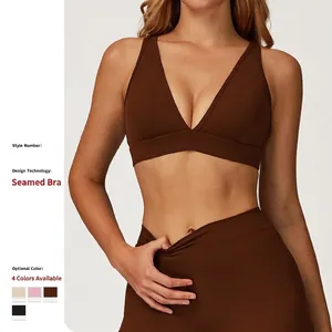 Soutien-gorge de Sport pour Femmes Col en V Profond Nylon Élasthanne Brossé Haut de Yoga Séchage Rapide Dos Nu