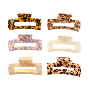 Set of 6 assorted 10cm acetate hair claws with rectangle cutout design in multi colors