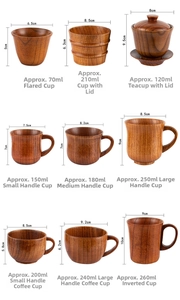 Size chart showing various jujube wood coffee mugs with capacity and dimensions