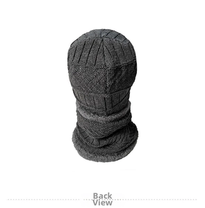 Rear view of dark grey knitted winter hat with thick plush lining for thermal insulation