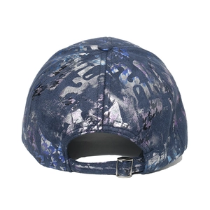 Navy blue tie-dye baseball cap with metallic silver foil prints and adjustable back buckle