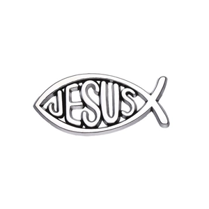 Silver geometric fish lapel pin with cutout Jesus lettering for uniform accessory