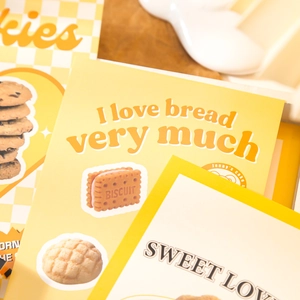 Vintage bakery theme postcards set with biscuit and bread motifs in warm orange tones