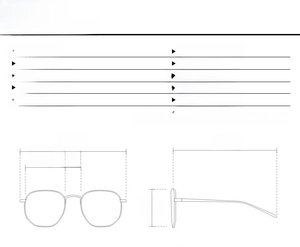 Detailed size chart showing frame width, lens dimensions and temple length of cat eye glasses